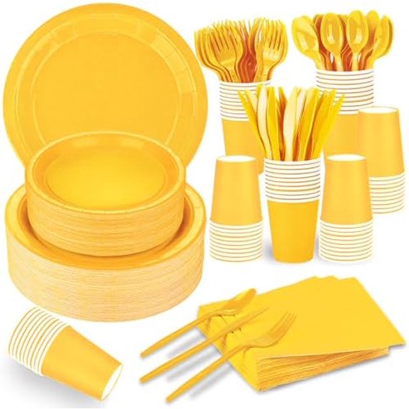228PCS Yellow Party Supplies Set Include Paper Plates Cups Paper Napkins Plastic Spoons Forks Knives for 30 Guests Disposable Party Dinnerware for Birthday Wedding Family Picnic