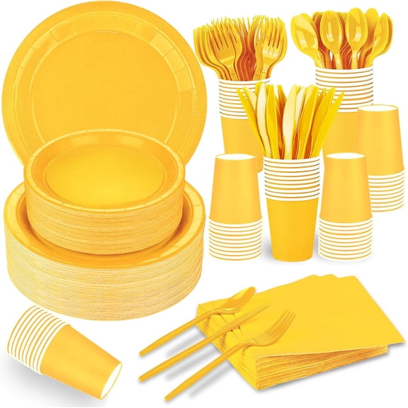 228PCS Yellow Party Supplies Set Include Paper Plates Cups Paper Napkins Plastic Spoons Forks Knives for 30 Guests Disposable Party Dinnerware for Birthday Wedding Family Picnic
