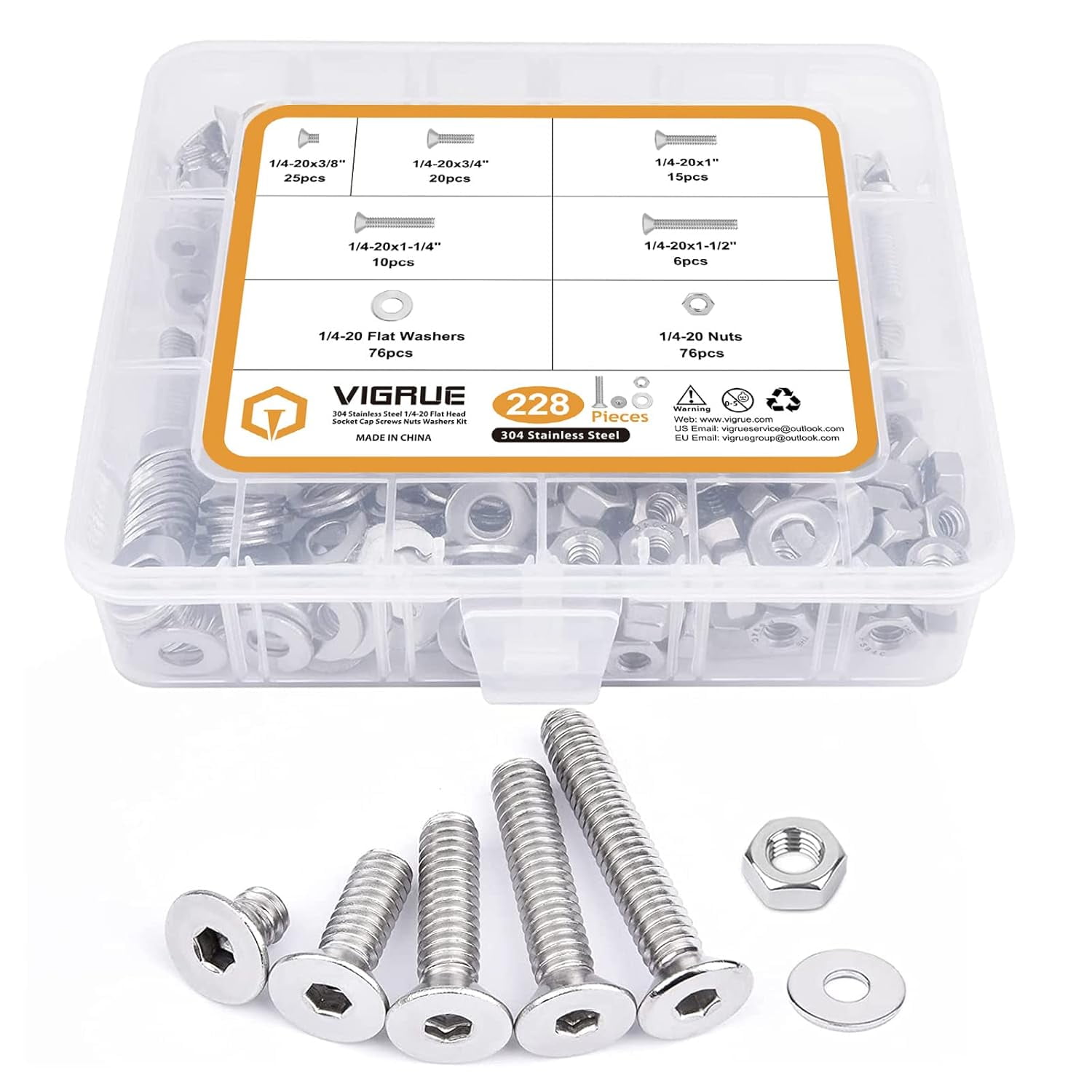 20-Pack 1/4"-20 X 3/8" Socket Head Cap Screws – 304 Stainless Steel, Hex Key Drive, UNC Thread, A2-70 Grade