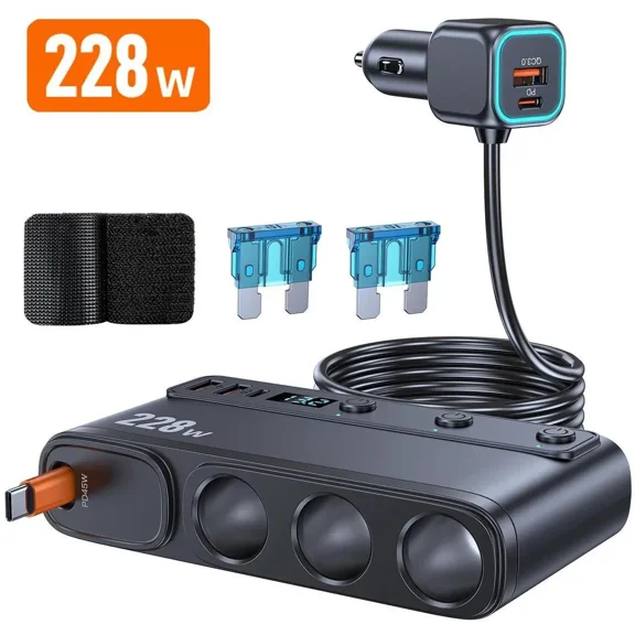 228W 9 in 1 Car Fast Charger Adapter Charge Independent Switches DC Cigarette Outlet PD 3 Socket Cigarette Lighter Splitter
