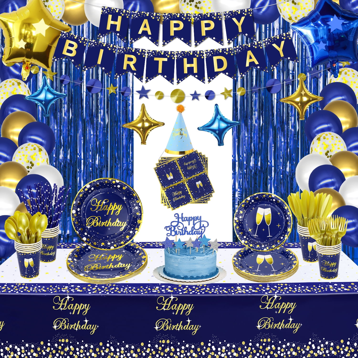 231 PCS Blue & Gold Party Supplies for 20 Guests - Balloons, Banner ...