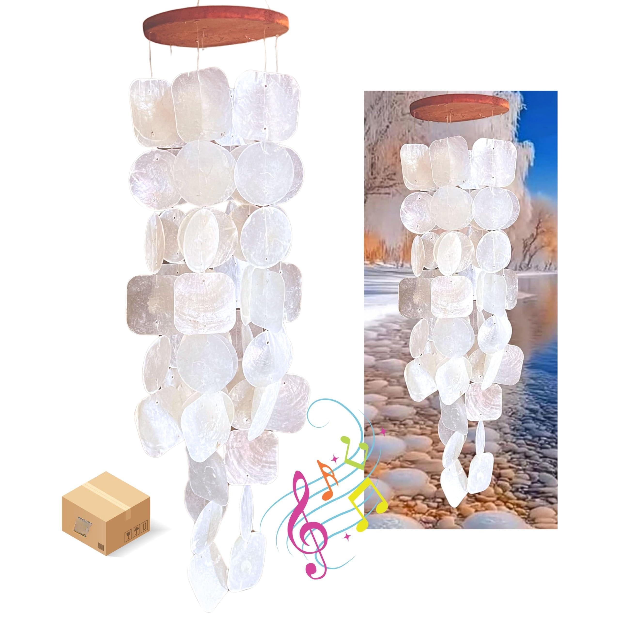 22913 Wind Chimes Outdoor  Garden Decorations Musical Indoor/outside Windchimes Beach Breeze Gifts For Mom Gift All Occasions Capiz Sea Glass Shells Wood White 27 Inch