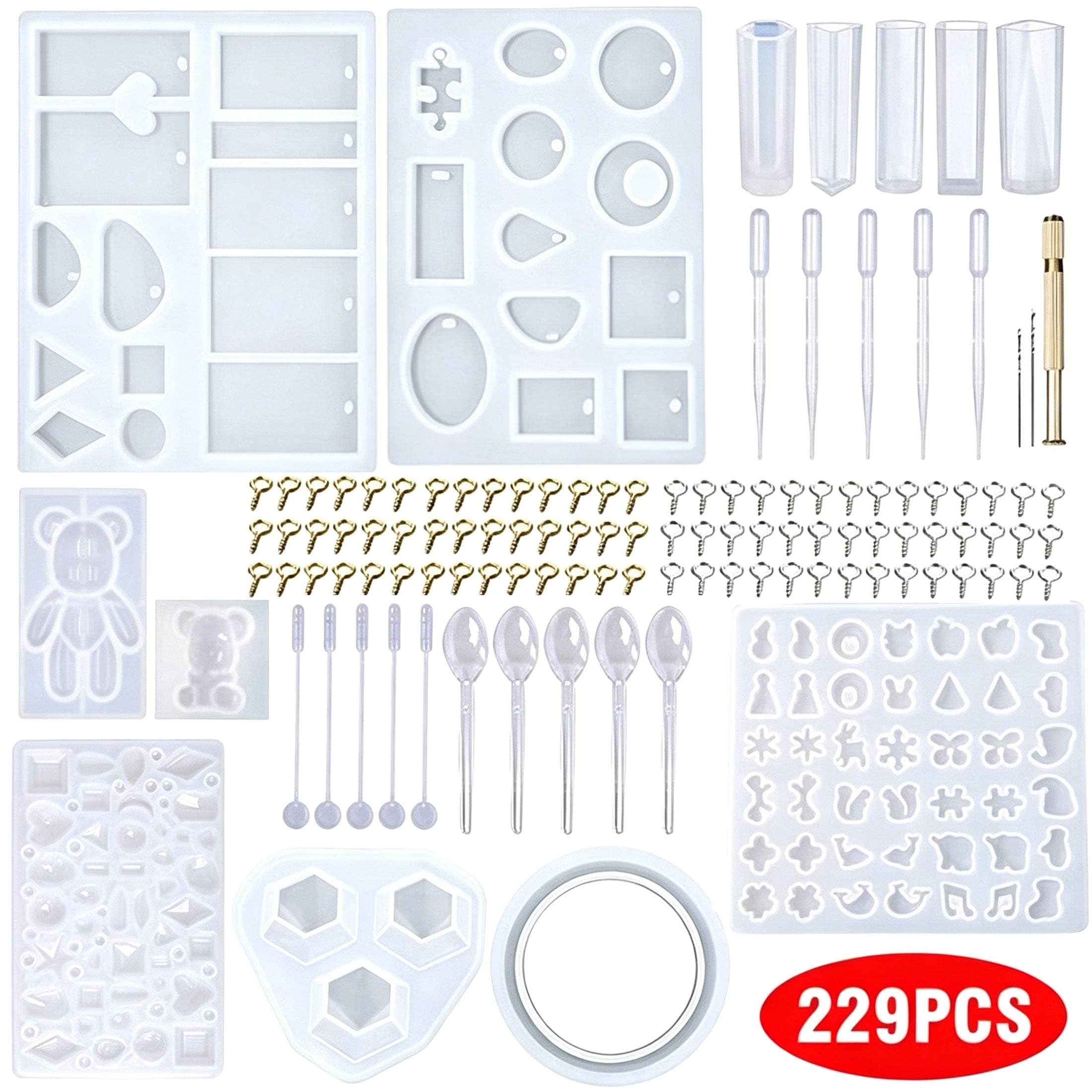 229 Pcs Resin Molds Silicone Kit, Resin Casting Molds Set with Bear, Bangle Bracelet, Pendant, Gem, Column Molds & Tools, DIY Epoxy Resin Molds for Jewelry, Keychain, Earring, Home Decoration Crafts