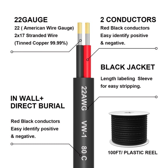 22AWG 2 Conductor Flexible Electrical Wire 100FT 30M PVC Tinned Copper LED Lighting Cable