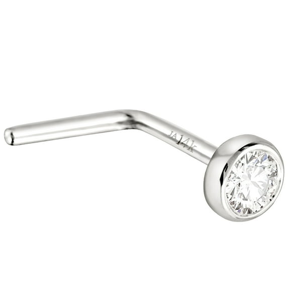22G 14K White Gold Bezel Set Diamond L-Shape Nose Stud - April Birthstone L-Bend Nose Ring Stud - LSWG_BZWD25