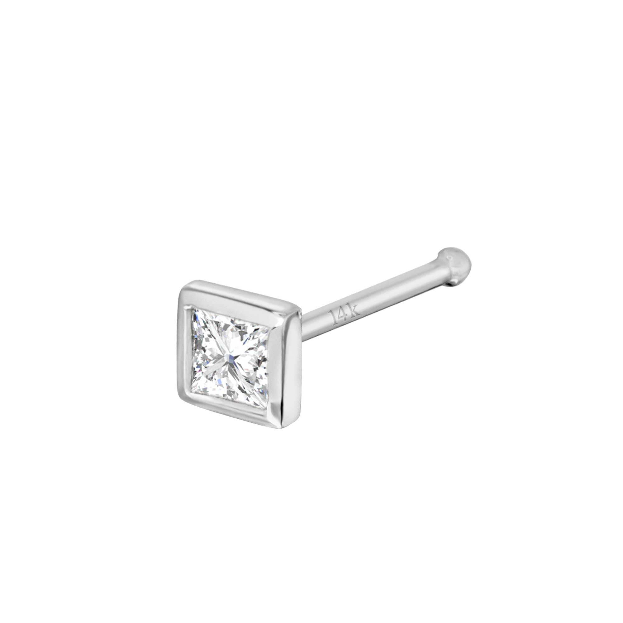22G 14K White Gold Bone-end Nose Stud Bezel Set 0.05ct Princess Cut Diamond - April Birthstone Nose Ring - NSBNWG_PWD2