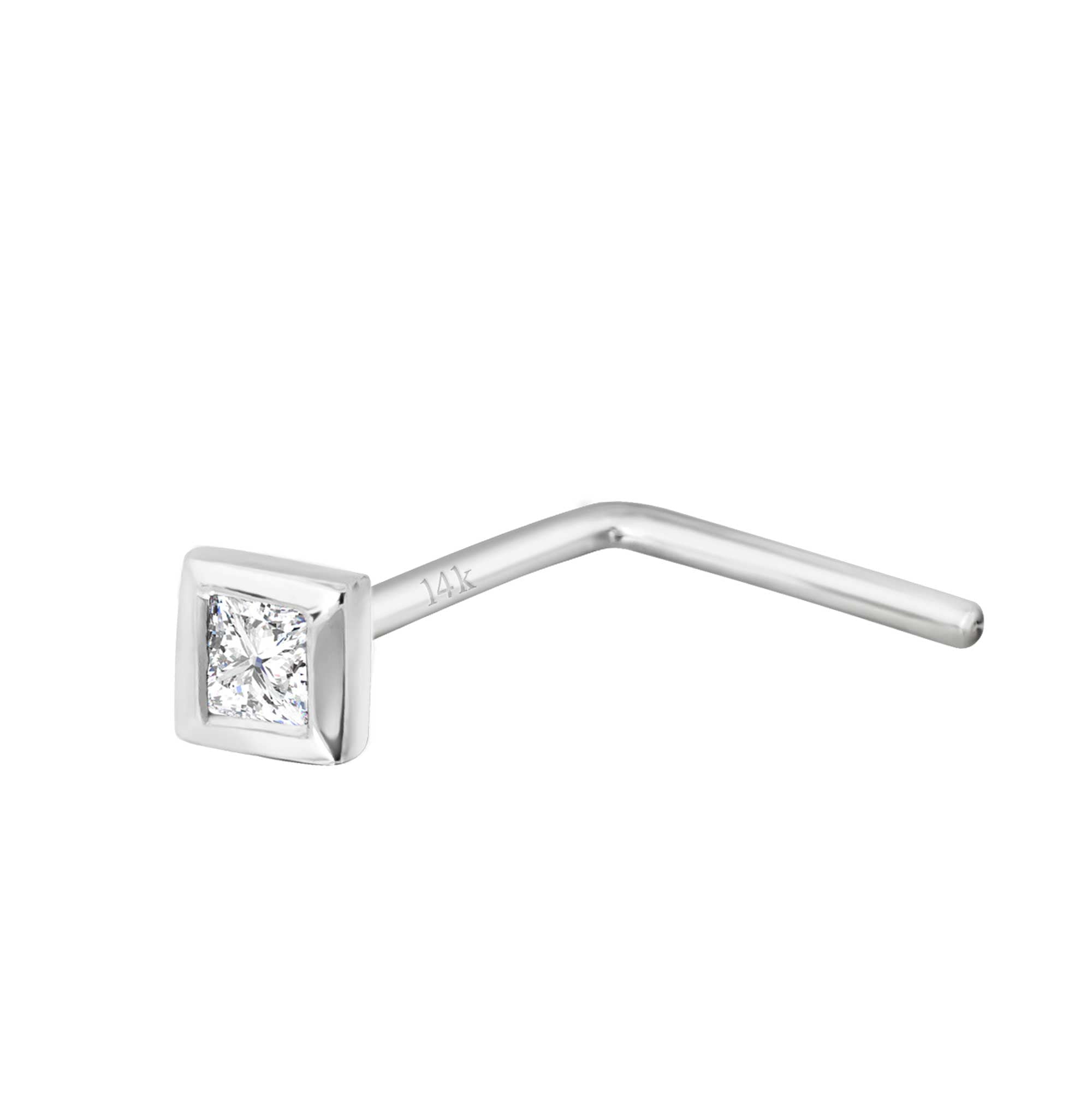 22G 14K White Gold L-Shape Nose Stud Bezel Set 0.035ct Princess Cut Diamond - April Birthstone Nose Ring - LSWG_PWD15