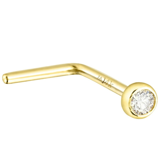 22G 14K Yellow Gold Bezel Set Diamond L-Shape Nose Stud - April Birthstone L-Bend Nose Ring Stud - LSYG_BZWD15