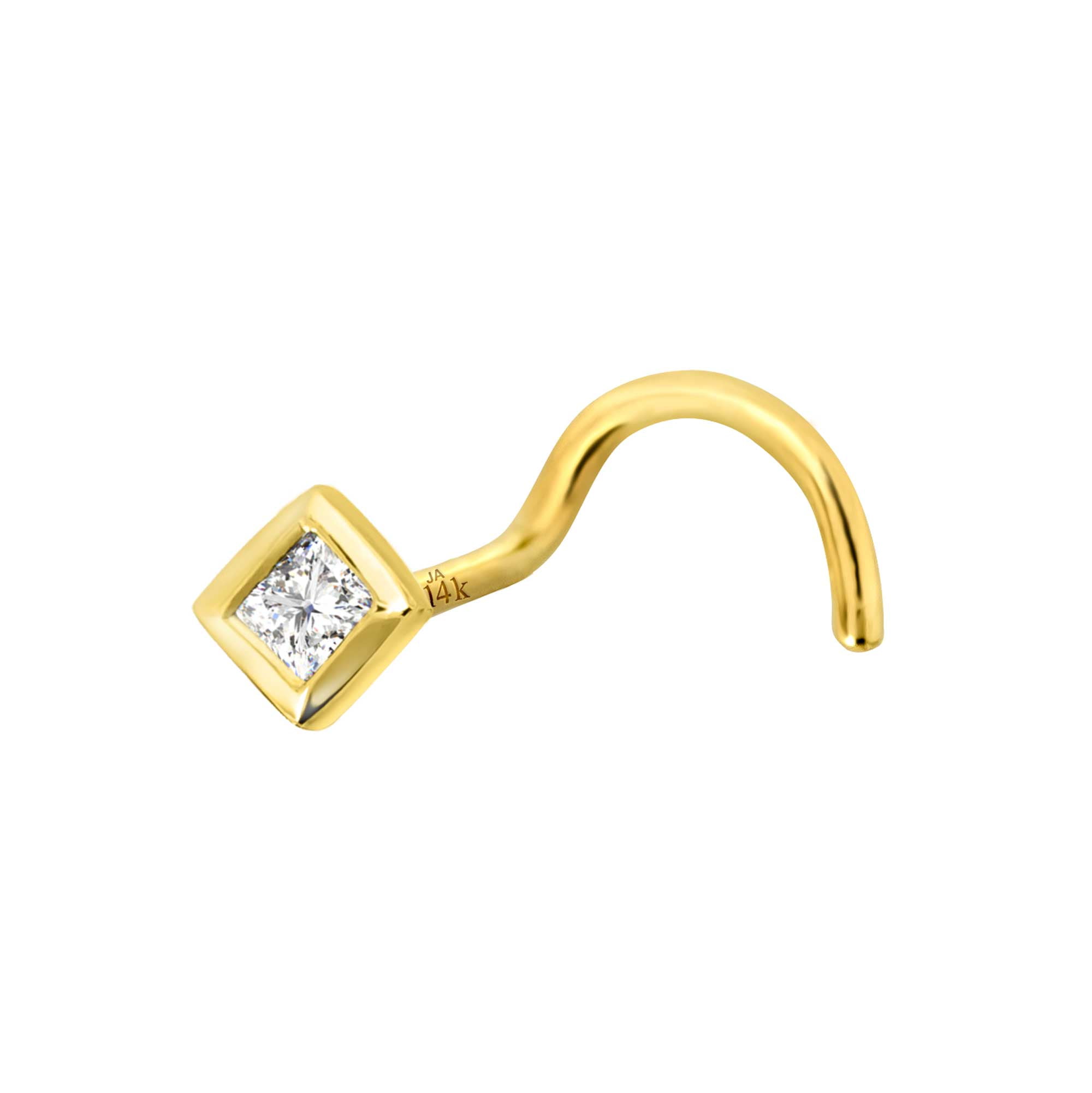 22G 14K Yellow Gold Cork Screw Nose Stud Bezel Set 0.035ct Princess Cut Diamond - April Birthstone Nose Ring - LSYG_PWD15