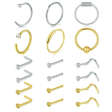 22G 20PCS Nose Rings Hoop Studs Cartilage Earrings Double Nose Hoop Rings