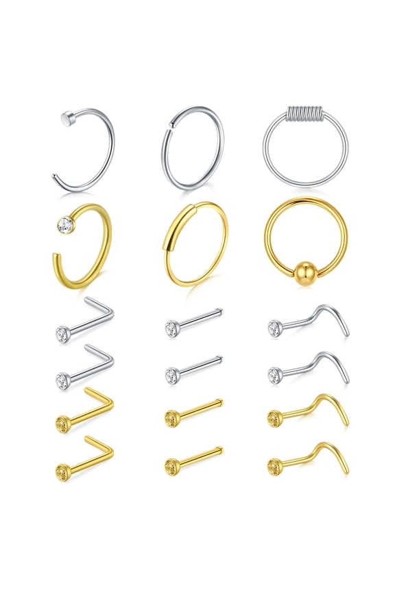 22G 20PCS Nose Rings Hoop Studs Cartilage Earrings Double Nose Hoop Rings