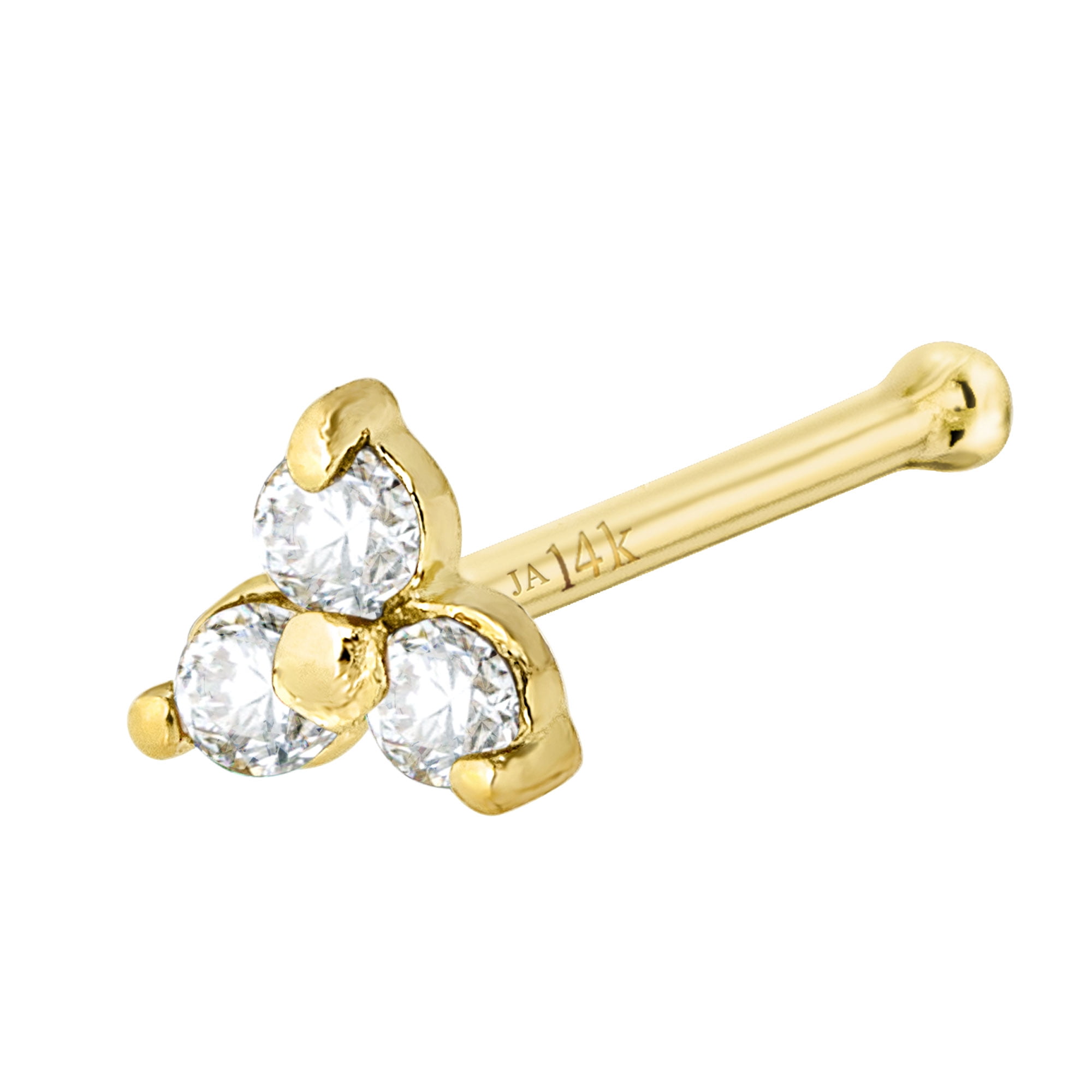 22G Solid 14K Yellow Gold 3Stone 0.030ctw Diamond Ballend Nose Stud