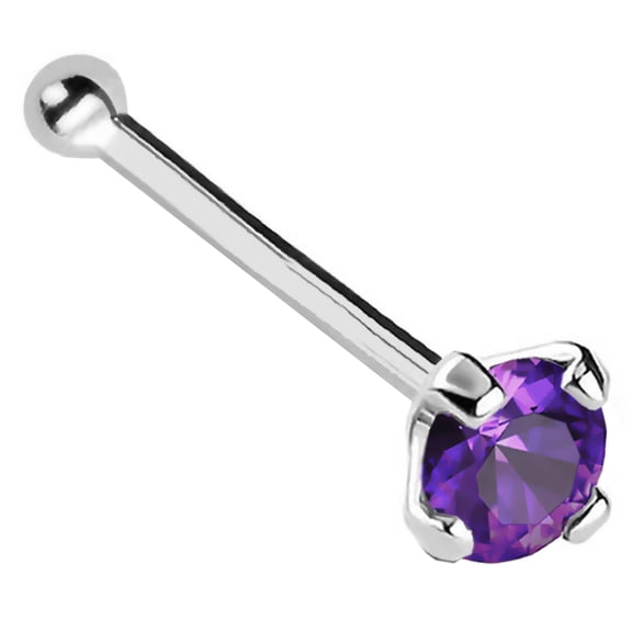 22G Solid 14Kt Gold Nose Bone Stud with Prong Set real Amethyst Gemstone, 14kt Yellow Gold or 14kt White Gold - February Birthstone Nose Ring-NBWG_AMT-2.5MM