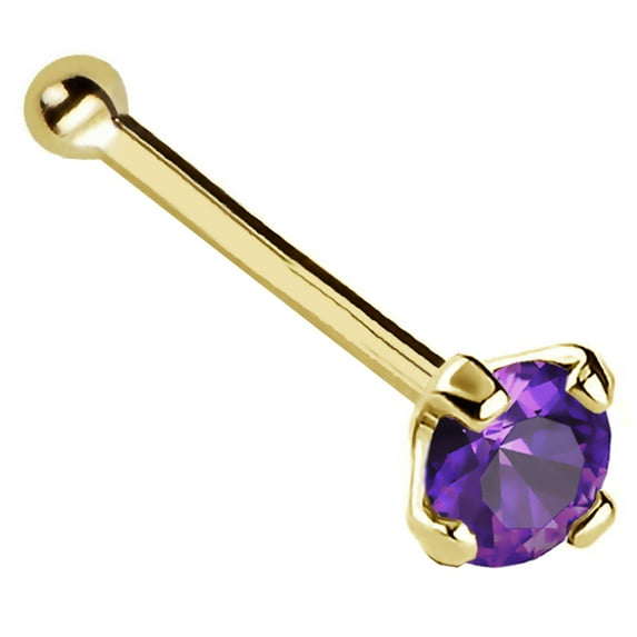 22G Solid 14Kt Gold Nose Bone Stud with Prong Set real Amethyst Gemstone, 14kt Yellow Gold or 14kt White Gold - February Birthstone Nose Ring-NBYG_AMT-2.5MM