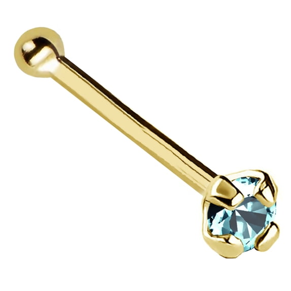 22G Solid 14Kt Gold Nose Bone Stud with Prong Set real Blue Topaz Gemstone, 14kt Yellow Gold or 14kt White Gold - November Birthstone Nose Ring-NBYG_TP-1.5MM