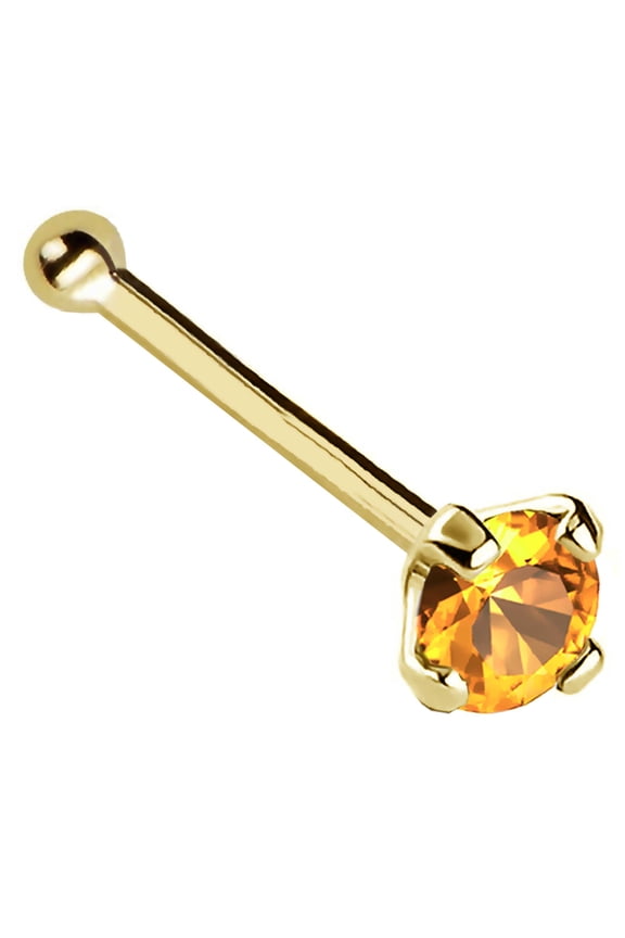 22G Solid 14Kt Gold Nose Bone Stud with Prong Set real Citrine Gemstone, 14kt Yellow Gold or 14kt White Gold - November Birthstone Nose Ring-NBYG_CN-2.5MM