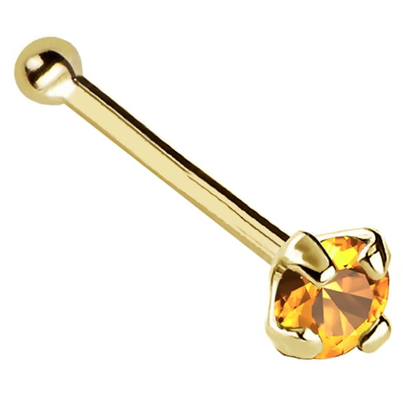 22G Solid 14Kt Gold Nose Bone Stud with Prong Set real Citrine Gemstone, 14kt Yellow Gold or 14kt White Gold - November Birthstone Nose Ring-NBYG_CN-2MM