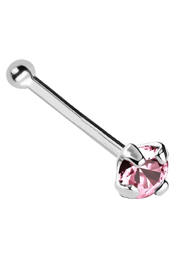 22G Solid 14Kt Gold Nose Bone Stud with Prong Set real Pink Tourmaline Gemstone, 14kt Yellow Gold or 14kt White Gold - October Birthstone Nose Ring-NBWG_PTM-2MM