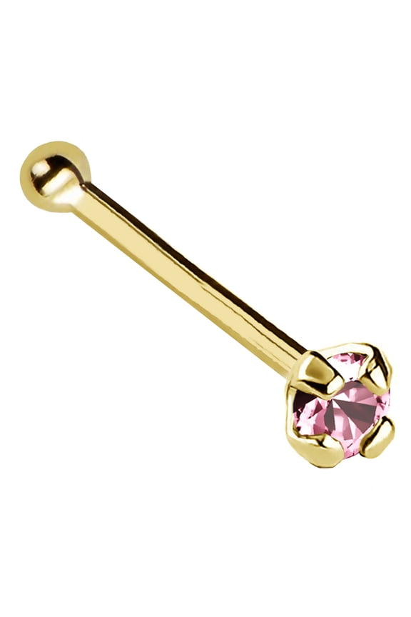 22G Solid 14Kt Gold Nose Bone Stud with Prong Set real Pink Tourmaline Gemstone, 14kt Yellow Gold or 14kt White Gold - October Birthstone Nose Ring-NBYG_PTM-1.5MM