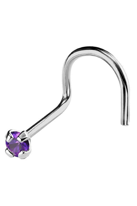 22G Solid 14Kt Gold Nose Screw Stud with Prong Set real Amethyst Gemstone, 14kt Yellow Gold or 14kt White Gold - February Birthstone Nose Ring-NSWG_AMT-1.5MM