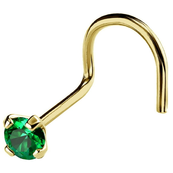 22G Solid 14Kt Gold Nose Screw Stud with Prong Set real Emerald Gemstone, 14kt Yellow Gold or 14kt White Gold - May Birthstone Nose Ring-NSYG_ED-2.5MM