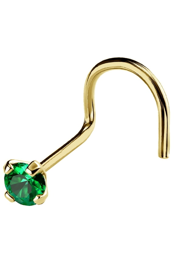 22G Solid 14Kt Gold Nose Screw Stud with Prong Set real Emerald Gemstone, 14kt Yellow Gold or 14kt White Gold - May Birthstone Nose Ring-NSYG_ED-2.5MM