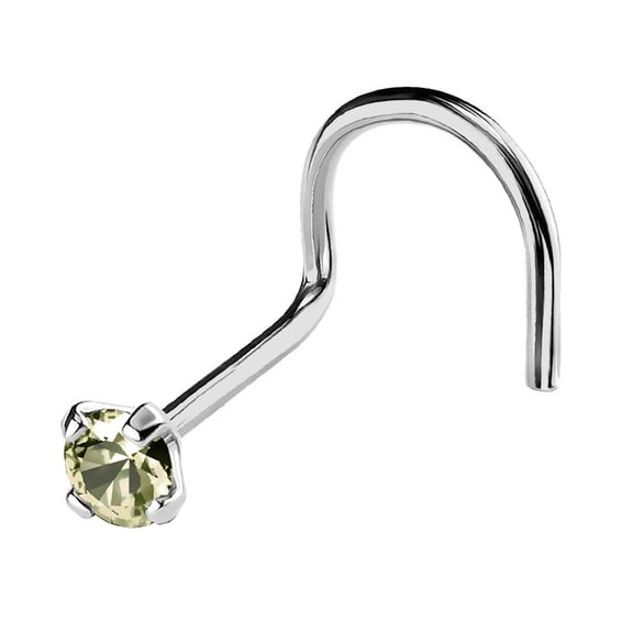 22G Solid 14Kt Gold Nose Screw Stud with Prong Set real Peridot Gemstone, 14kt Yellow Gold or 14kt White Gold - August Birthstone Nose Ring-NSWG_PD-2MM