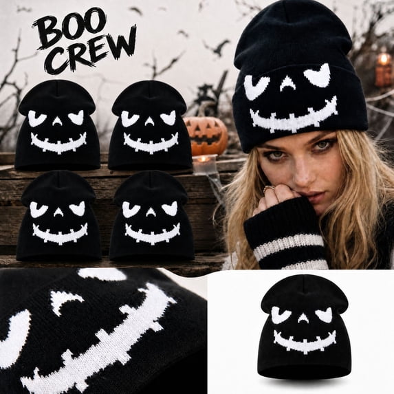 22IN Halloween Pumpkin Knit Hat, Jack‑O‑Lantern Skull Cap, Warm Fall Winter Costume Accessory for Men Women Halloween Party &Daily Wear,I