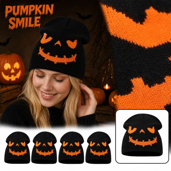 22IN Halloween Pumpkin Knit Hat, Jack‑O‑Lantern Skull Cap, Warm Fall Winter Costume Accessory for Men Women Halloween Party &Daily Wear,J