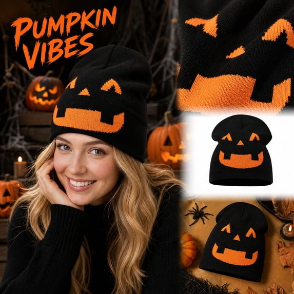 22IN Halloween Pumpkin Knit Hat, Jack‑O‑Lantern Skull Cap, Warm Fall Winter Costume Accessory for Men Women Halloween Party &Daily Wear,N