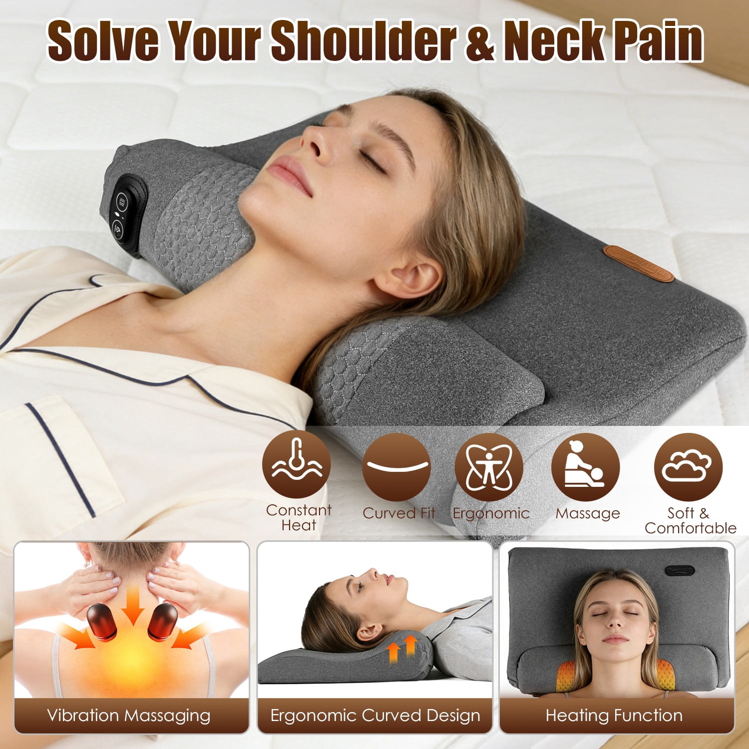 22In Heated Neck Massager Pillow 3Heat Settings 3Vibration Modes Memory Foam Support USB Plug In Auto Shut Off Eye Mask Home Office Travel Portable Dark Grey Soft Use Contoured Ergonomic Lightweight