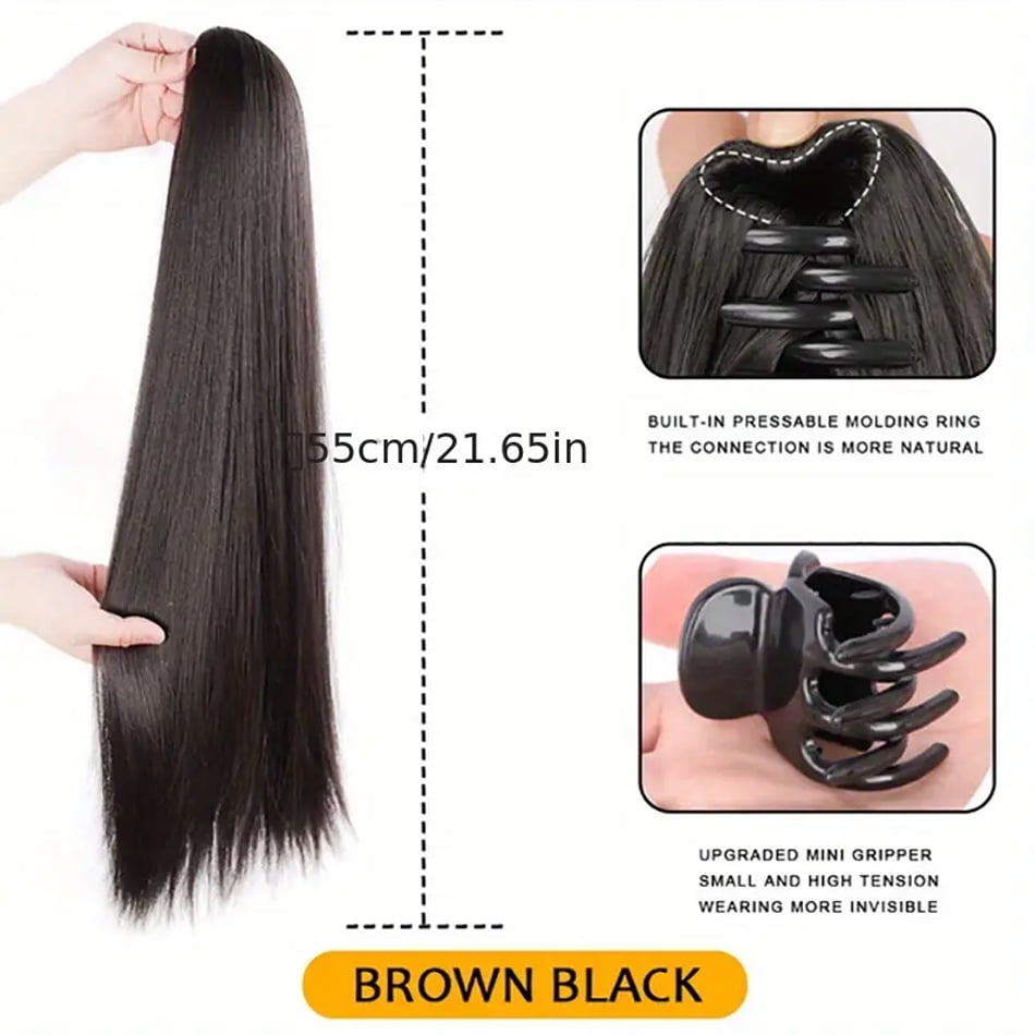 22Inches Long Straight Synthetic Claw Clip Ponytail Extension Brown Black Synthetic Ponytail Wig With Mini Claw Clip For Women