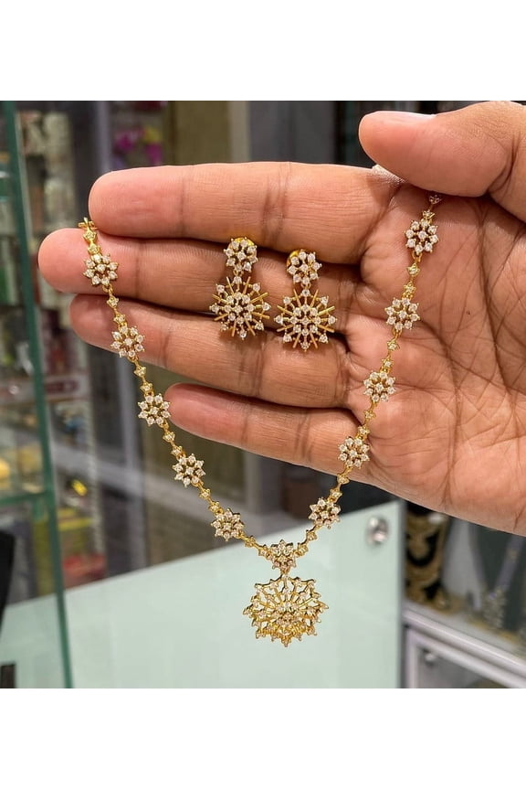 22K Gold-Plated Floral Cubic Zirconia Choker Necklace & Earrings Set - American Diamond Studded Jewelry, Indian Bridal Jewelry Set for Women