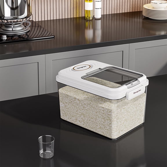 22Lb Airtight Food Storage Container | Large Rice & Grain Bin with Measuring Cup | Pet Food & Flour Organizer | 31x21x19cm White/Beige Plastic Kitchen Container