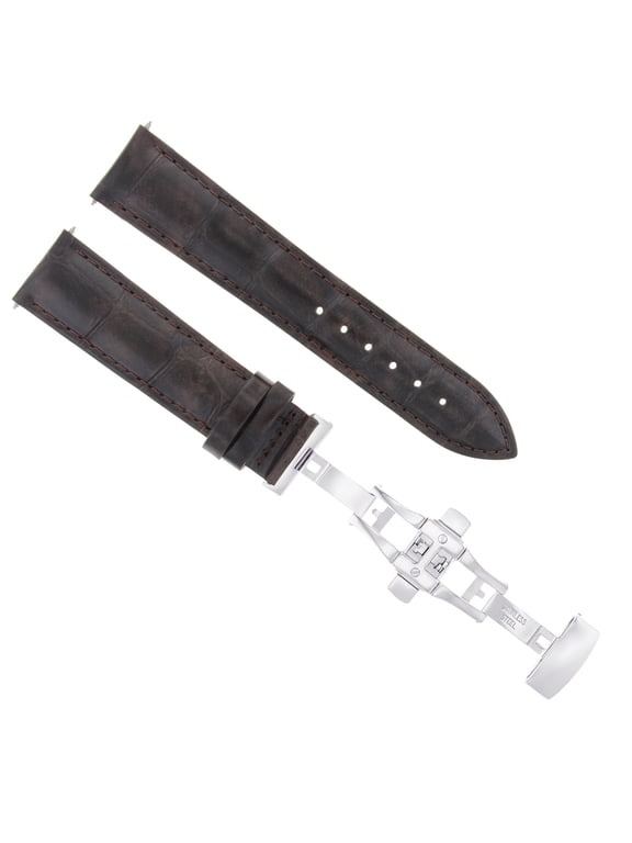 22MM LEATHER BAND STRAP, Dark Brown, Silver Buckle, Compatible With BAUME MERCIER CAPELAND DEPLOYMENT CLASP DARK BROWN
