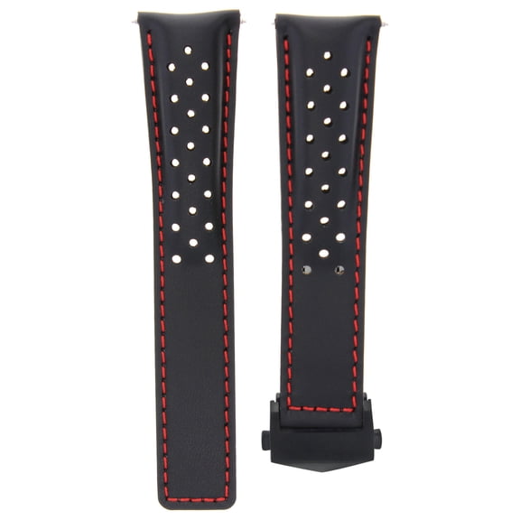 22MM LEATHER BAND STRAP, Black with Red Stitching, Black Buckle, Compatible With TAG HEUER CARRERA CALIBRE 16 36 BLACK RED PERFORAT