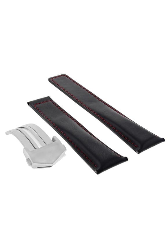22MM LEATHER BAND STRAP FOR TAG HEUER MONACO CARRERA + CLASP BLACK RED STITCH TQ