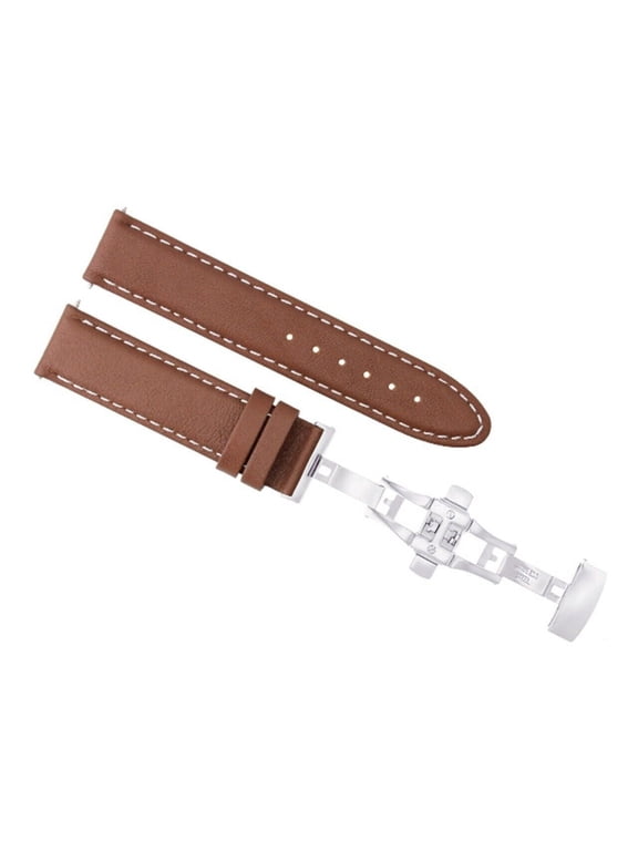 22mm Leather Watch Band Strap Clasp, Light Brown with White Stitching, Silver Clasp, Compatible With Baume Mercier Capeland 8692 Light Brown