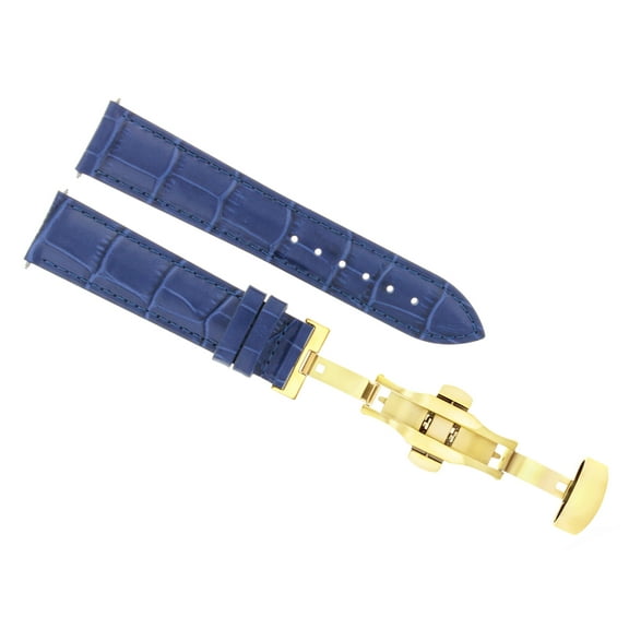 22MM LEATHER STRAP WATCH BAND FOR SEIKO SNE 102 SOLAR DEPLOYMENT CLASP BLUE GOLD