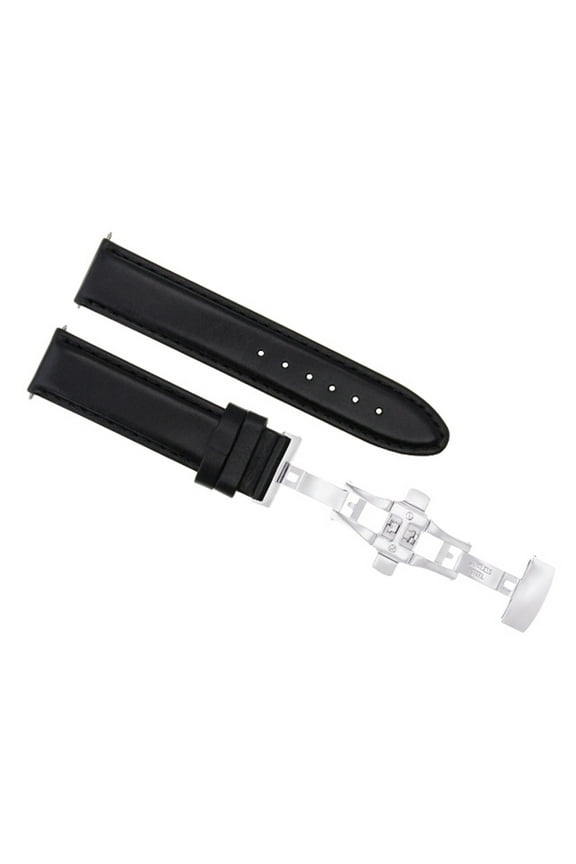 22MM LEATHER WATCH BAND SMOOTH STRAP FOR LONGINES WATCH DEPLOYMENT CLASP BLACK