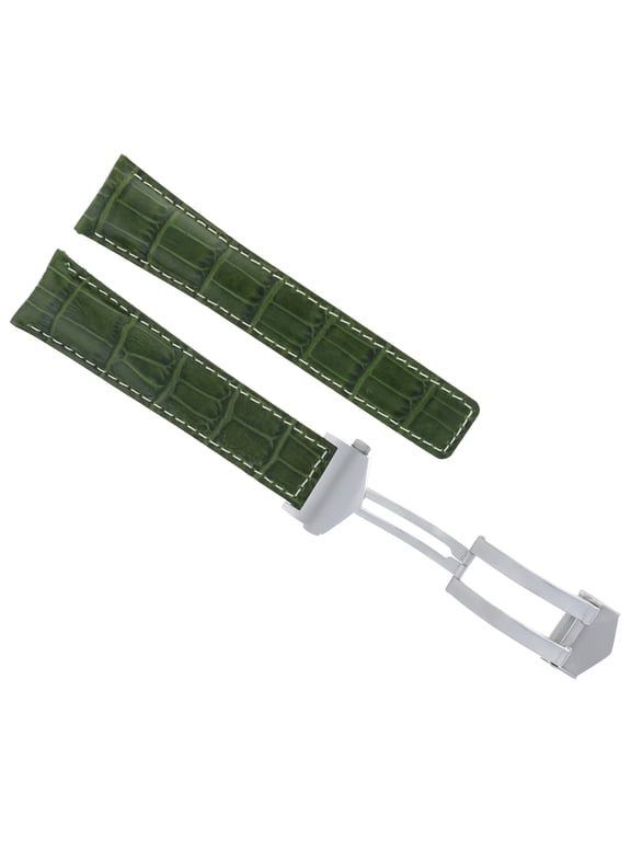 22MM MONACO LEATHER WATCH BAND STRAP CLASP, Green with White Stitching, Brushed Silver Clasp, Compatible With TAG HEUER CARRERA WATCH GREEN WS