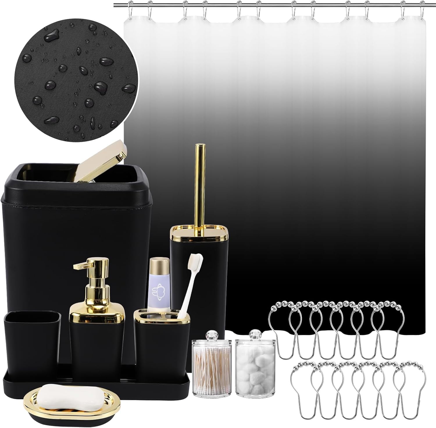 22PC Black Bathroom Set with Ombre Shower Curtain, Trash Can ...