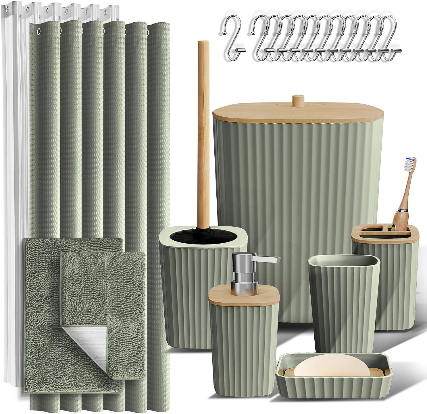 Sage Green 22-Piece Bathroom Accessories Set with Bamboo Accents