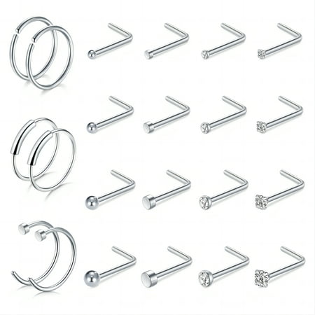 Briana Williams L Shape Silver Stainless Steel 18G Nose Piercing 0.31", 22 Pack