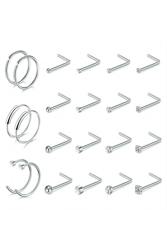 L Shape Silver Stainless Steel 18G Nose Piercing 0.31", 22 Pack