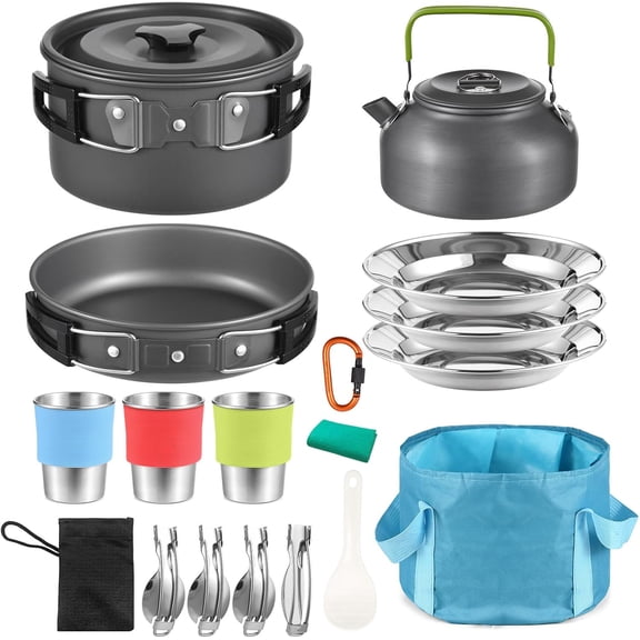22PCS Camping Cookware Kit Camping Utensils Cooking Set Camping Pot Pan Cooking Set Camp Cookware Set with Mesh Bag for Outdoor Camping Hiking Backpacking 1-3 Person