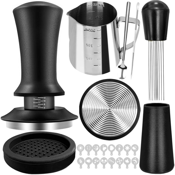 22PCS Coffee Tamper Set, Espresso Accessories set with 51mm Coffee Tamperand WDT tool, Barista Tool with Frothing Pitcher, Latte Art Pen, Coffee Stirrer, Tamper Mat, 16 Coffee Stencils