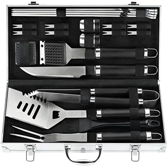 22PCS Heavy Duty BBQ Grill Accessories Set, Non-Slip Grill Tools for Outdoor Grill Set Stainless Steel Grill Utensils Set, Deluxe Grilling Tools Set in Aluminum Case Ideal Gifts for Men Black