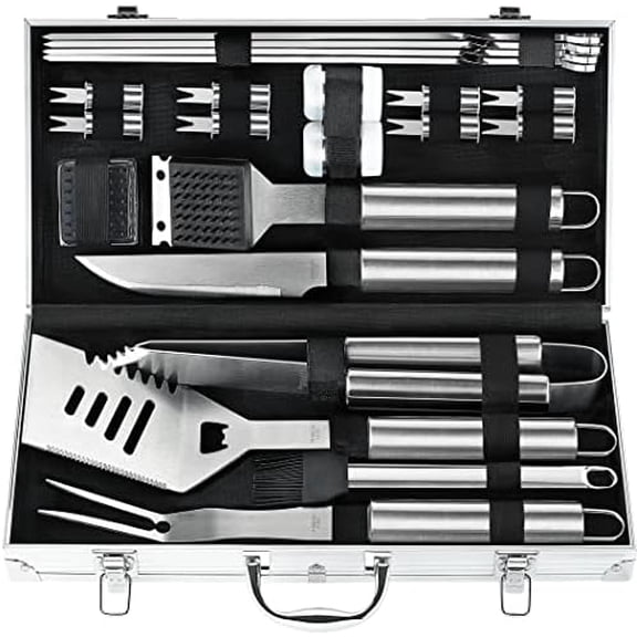 22PCS Heavy Duty BBQ Grill Accessories Set, Non-Slip Grill Tools for Outdoor Grill Set Stainless Steel Grill Utensils Set, Deluxe Grilling Tools Set in Aluminum Case Ideal Gifts for Men Silver