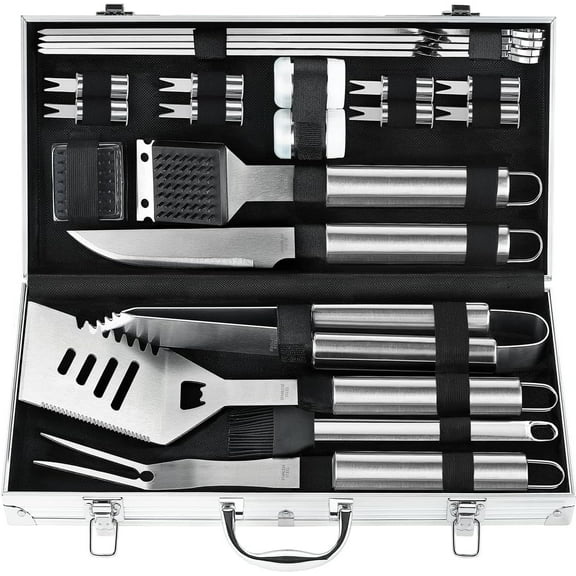 22PCS Heavy Duty BBQ Grill Accessories Set, Non-Slip Grill Tools for Outdoor Grill Set Thicker Stainless Steel Grill Utensils Set, Deluxe Grilling Tools Set in Aluminum Case Ideal Gifts for Men